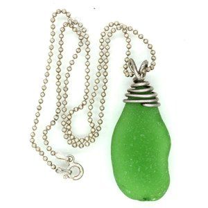925 STERLING green sea glass pendant 16" ball bead 925 chain necklace VINTAGE